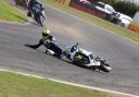 Charlie Nesbitt slides across the track at Snetterton after a fall in round eight of the National Superstock Championship     Photo: Bonnie Lane