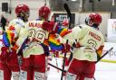Swindon Wildcats celebrate a goal while wearing their special jersey to celebrate EIHA pride week   Pic: KLM Photography
