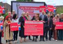Angela Rayner flanked by Swindon parliamentary candidates Heidi Alexander and Will Stone, council leader Jim Robbins and local party members