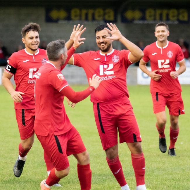 Highworth Town celebrate scoring against Wantage Town in the FA Cup preliminary qualifying round Photo: Robin Hooper/rhsportsphotos