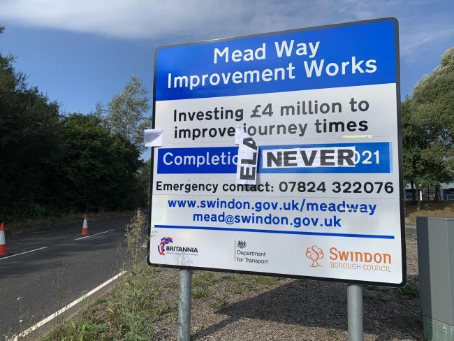 A Mead Way roadworks sign has been vandalised