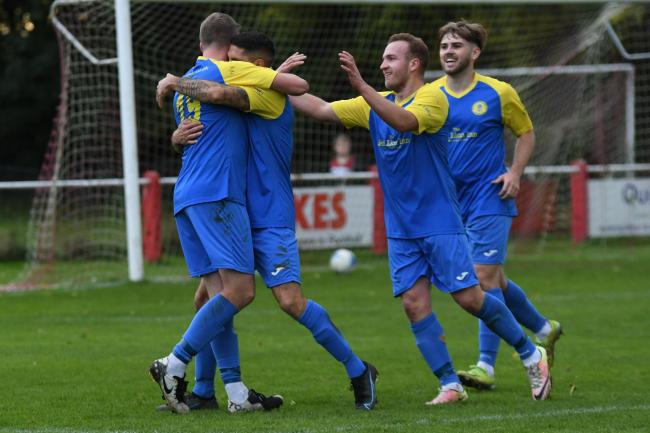 Royal Wootton Bassett Town celebrate scoring their second goal of the afternoon against Fairford Town in Hellenic League Premier Division Photo: Steve Green