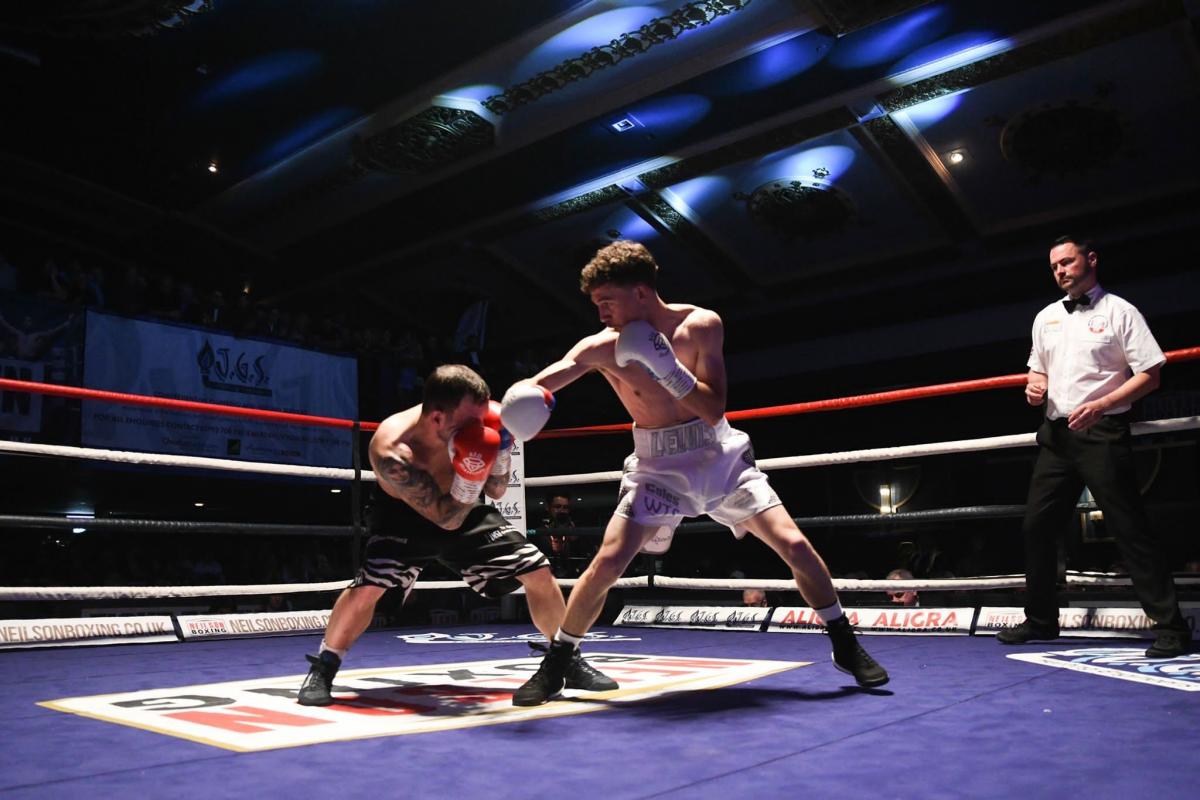 Swindon fighter Lewis Roberts in action against Luke Fash at the first Fight Town event of 2022 at the MECA                Photo: Callum Knowles