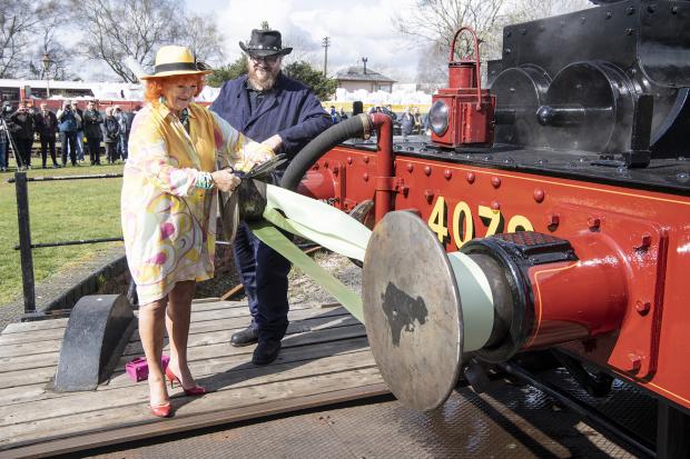 Swindon Advertiser: Lady Judith McAlpine launching the locomotive on Saturday last week.