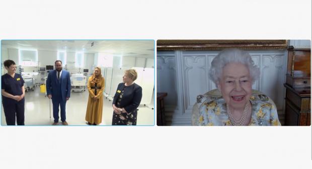 Swindon Advertiser: Queen Elizabeth II speaking to Dr Marie Healey, Divisional Director for Surgery and Critical Care; Mr Asef and Mrs Shamina Hussain; and Jackie Sullivan during a video link call (PA)
