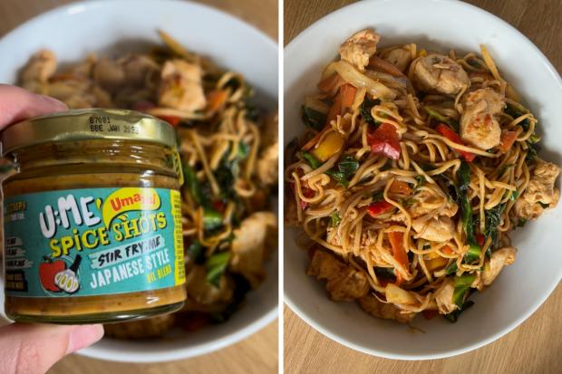 Swindon Advertiser: (left) U:ME Japanese Style Spice Shot and (right) chicken stir fry. (Katie Collier/Canva)