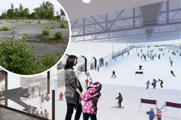 A CGI of the proposed snow centre and (inset) the Clares site as it currently looks