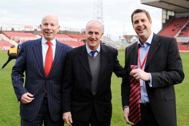 Former Town striker Steve White (centre) between ex-CEO Nick Watkins (left) and former goalkeeper Fraser Digby               Photo: Dave Evans