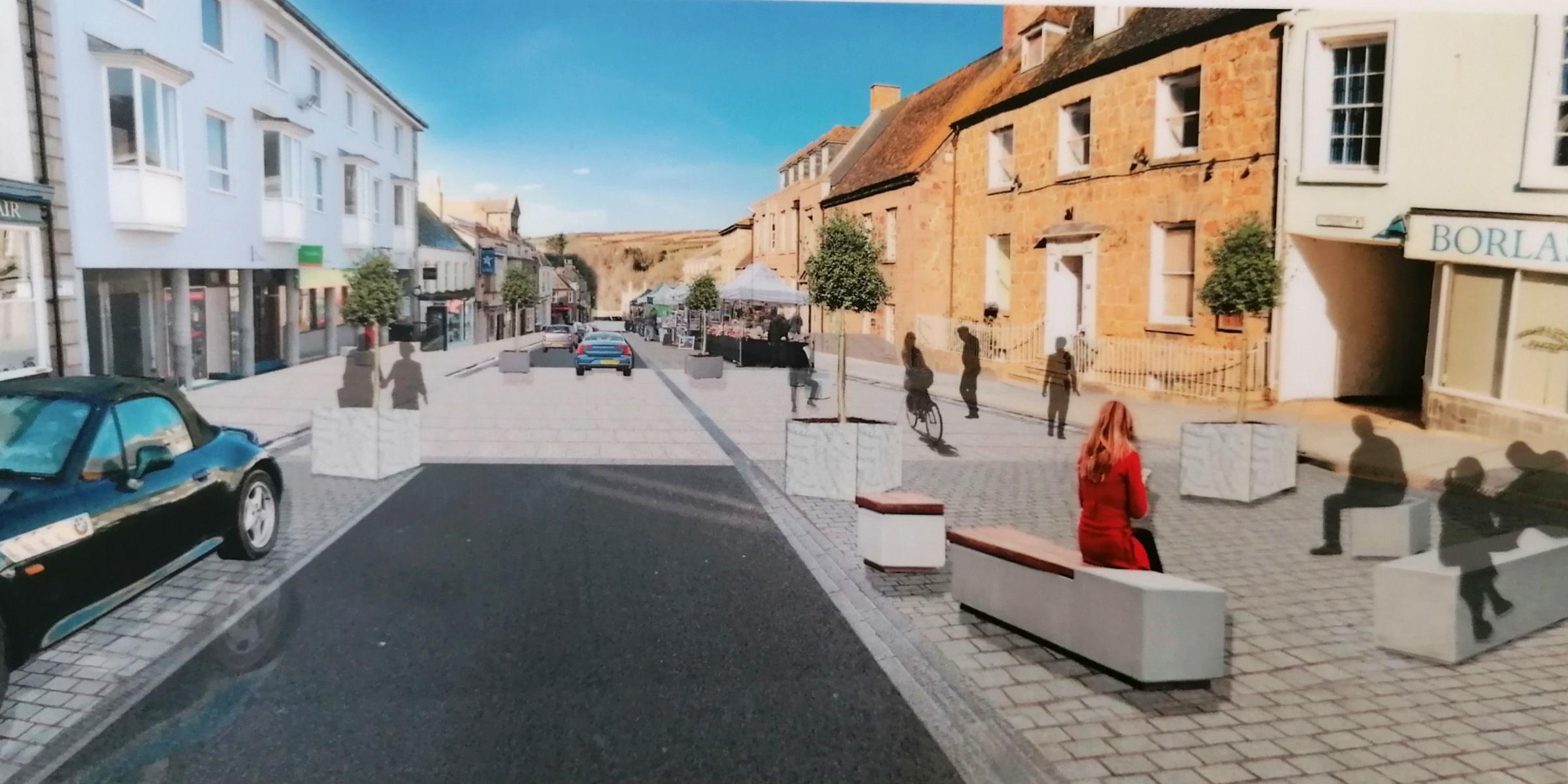 A CGI looking down a one-way Coinagehall Street with parking on the left and widened pavement for market stalls and seating on the right Picture: MeiLoci
