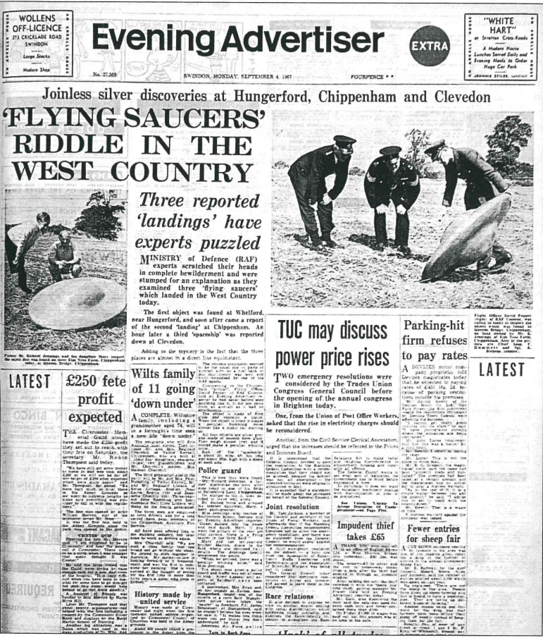 The front page of the Adver on September 4, 1967, about the discovery of the UFOs