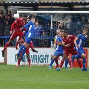 Action from Chippenham Town's (blue) goalless draw at home to Welling United. PICTURE: RICHARD CHAPPELL