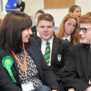 Green Party candidate for north Wiltshire Bonnie Jackson talks to pupils as part of mock election at .Bradon Forest School in Purton. Picture: DAVE COX