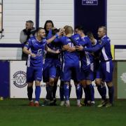 The Chippenham Town players celebrate a goal against Chelmsford City. PICTURE: RICHARD CHAPPELL