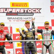 Rogers (right) on the podium at Brands Hatch after finishing third in the final National Superstock race of 2021      Pic: Camipix Photography