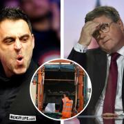 Ronnie O'Sullivan, Robert Buckland and a bin lorry. Pictures: PA