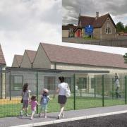 The new South Marston primary buildings (main pic) will be built next door to the  existing Victorian building (inset)