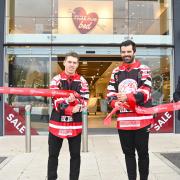 Swindon Wildcats Aaron Nell and Colby Tower with Fabb Furniture staff at the new Swindon shop.