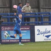 Owen Windsor celebrates scoring Chippenham Town's third goal in the victory at home to Dover Athletic in National League South on Saturday 			          Photo: Richard Chappell