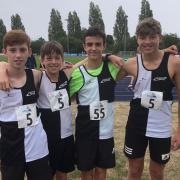 Swindon Harriers' U15s 4x300m relay squad (L to R): Arthur Pearson, Reuben Linscott, Ben Charlesworth and Oakley Hogan at the UK YDL match in Cardiff