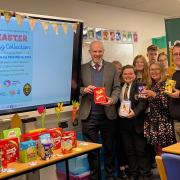 Justin Tomlinson MP,  Emma Maclennan from SDASS, Cllr Dan Adams and pupils at Abbey Park School launch this year's Easter Egg Appeal