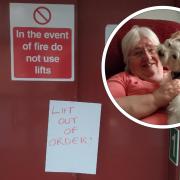 The broken lift and (inset) Ann Cuss