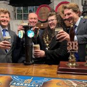 Celebrating the launch of Honest John are Arkell's lead brewer Alex Arkell, Cllr Kevin Parry, Mayor of Swindon Barbara Parry, and managing director George Arkell