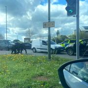 A van driver was dragged to the floor by armed police near the A419.