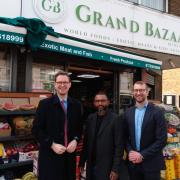Golam Choudhury of Grand Bazaar with (R) Darren Jones MP and (L) Will Stone, Labour candidate for Swindon North