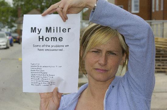 Nadia Lewis protests at the offices of Miller Homes 