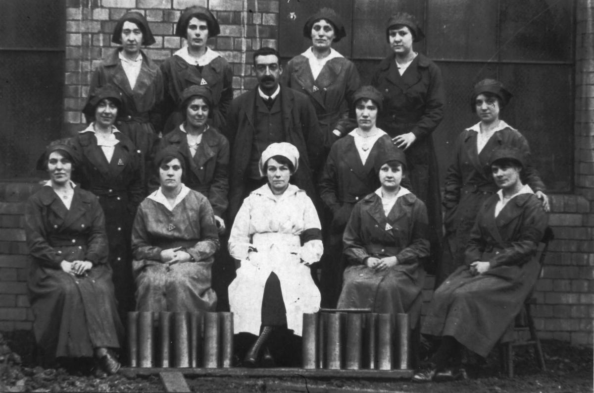 Women workers at Bramble Road Powder Works. Salaries for women working with gunpowder were higher than elsewhere because of the dangers.