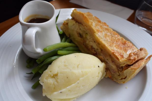 Chicken, leek and pancetta shortcrust pie with mash, beans and gravy at the Gladstone Arms